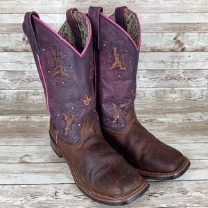 LAREDO WOMENS LOLA COWGIRL BROWN/PINK TRIM EMBROIDERED SQUARE TOE WESTERN BOOTS